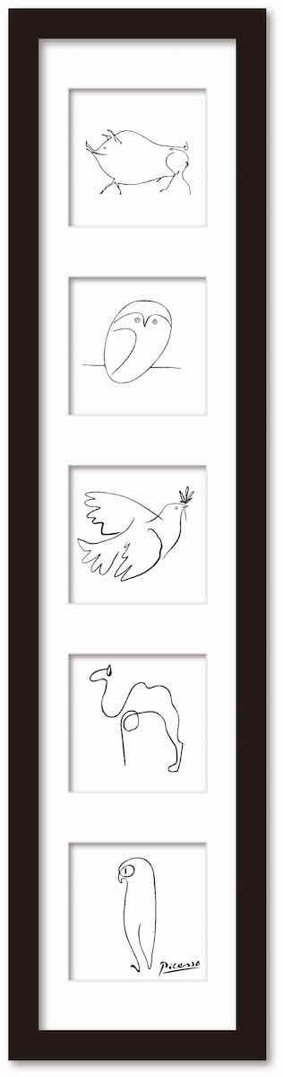 名画 ラインアート パブロ ピカソ 署名入り 一筆書き動物 アニマル5連フレーム ブタ フクロウ 平和のハト ラクダ ペンギン ブラックフレーム Mサイズ 絵画や壁掛け販売 日本唯一の風景専門店 R あゆわら