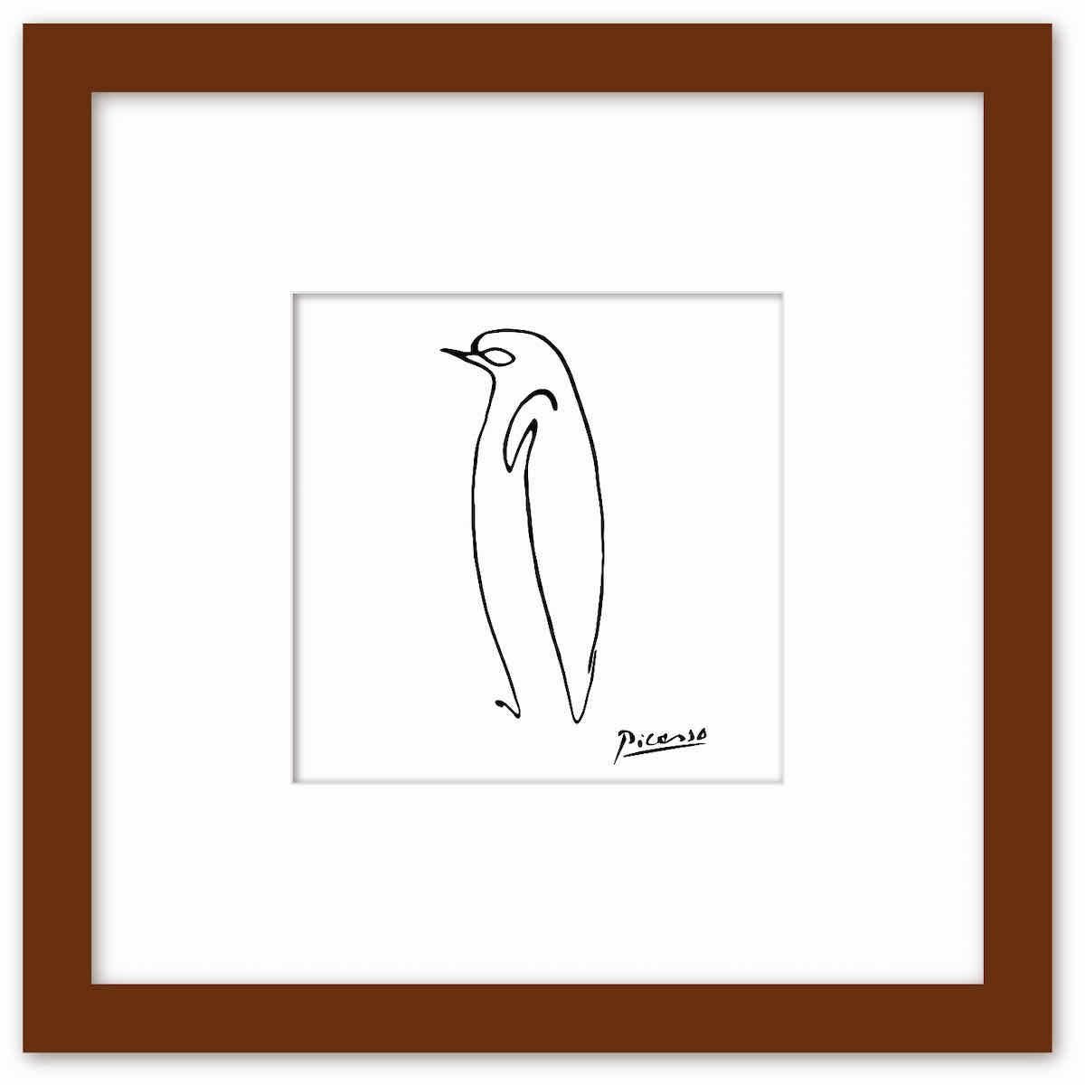 名画 ラインアート パブロ・ピカソ 署名入り Le Pingouin ペンギン ブラウンフレーム LLサイズ
