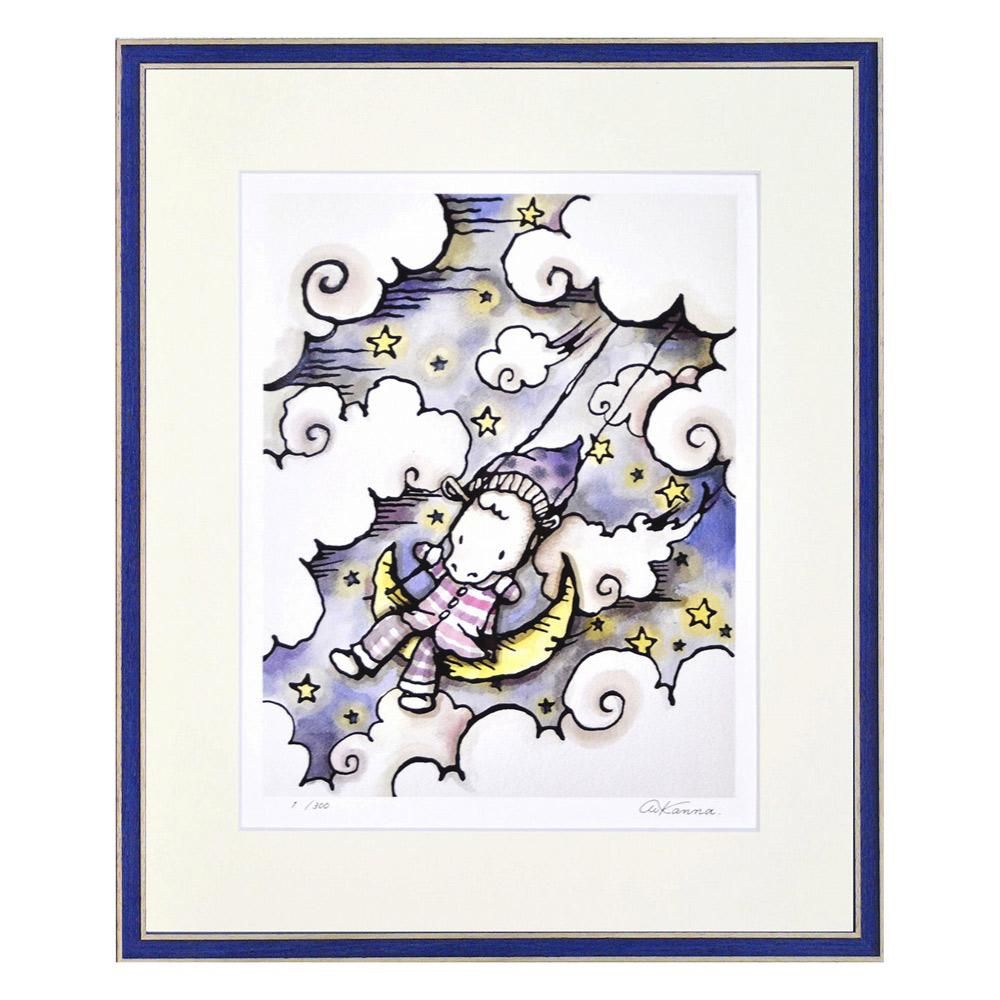 絵画 月のぶらんこ KANNA インテリア 動物 絵 おしゃれ ギフト リビング 玄関 子供部屋 飾る かわいい アート 壁掛け プレゼント アートフレーム 癒し 壁飾り 額装済 フレーム付 贈り物
