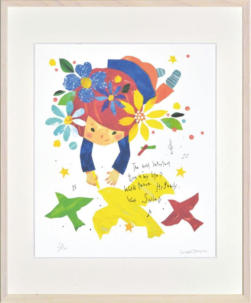 絵画 はり たつお Peace Flower(四ツ)〜空色ぼうしのお話し〜 額入り アート 壁掛け かわいい 絵 インテリア 人物 ギフト おしゃれ 癒し 和む プレゼント リビング 玄関 廊下