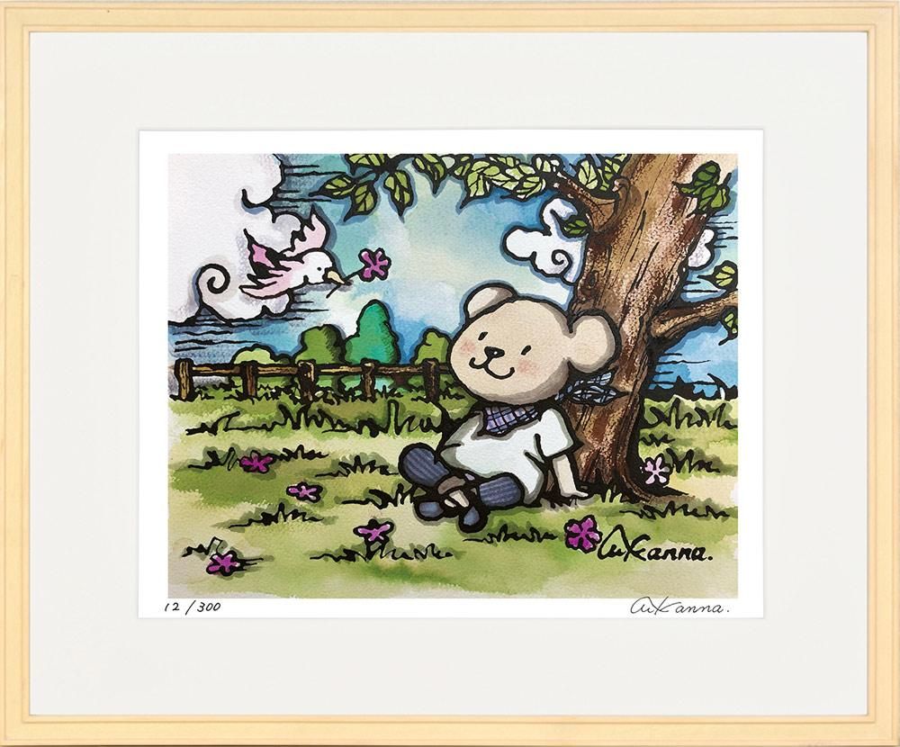 絵画 KANNA しあわせのハナ(四ツ) 壁掛け かわいい インテリア アート プレゼント 動物 絵 ギフト おしゃれ 額入り 癒し 和む 部屋に飾る絵 リビング 玄関 廊下 子供部屋