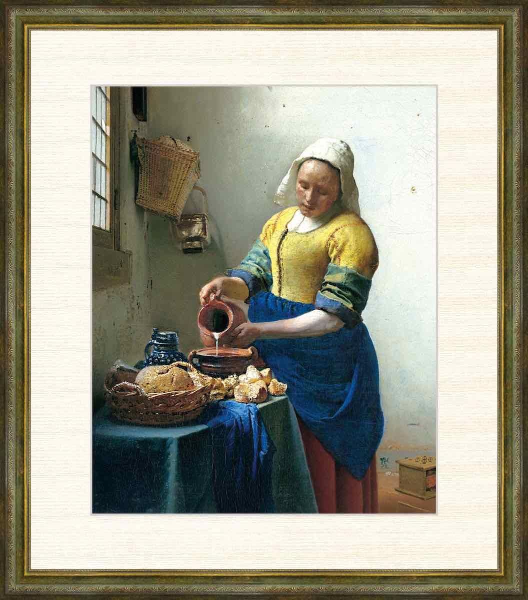 名画 油絵 牛乳を注ぐ女 ヨハネス・フェルメール 手彩仕上 高精細巧芸画/インテリア 額入り アート リビング プレゼント アートフレーム おしゃれ 飾る 5L