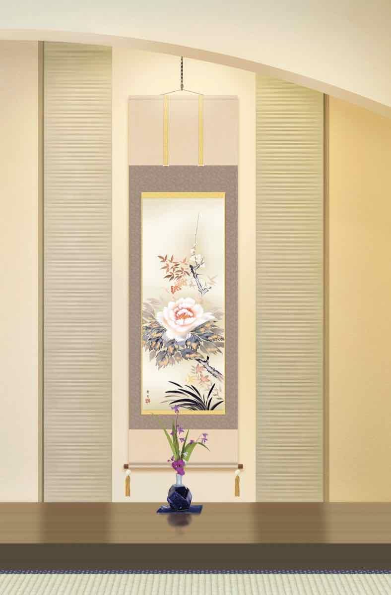 10年保証 掛け軸 朝顔 (あさがお) 高見蘭石 新絹本 洛彩緞子本表装 尺5 桐箱付き 花鳥画 夏掛