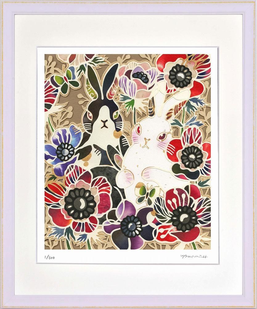 絵画 平石 智美 うさぎとアネモネ