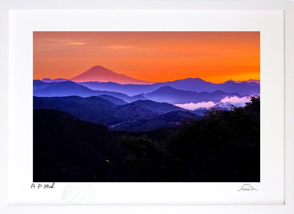 版画 絵画 富士山 オレンジの朝 インテリア 壁掛け 額入り 風景画 油絵