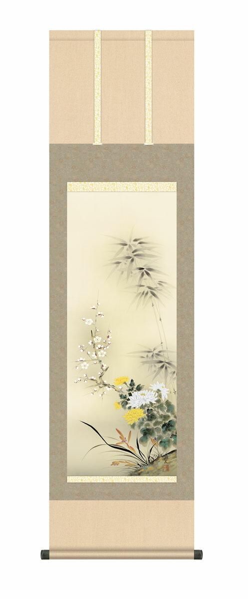 10年保証 掛け軸 花鳥画 年中掛け 四君子 高見蘭石 尺3