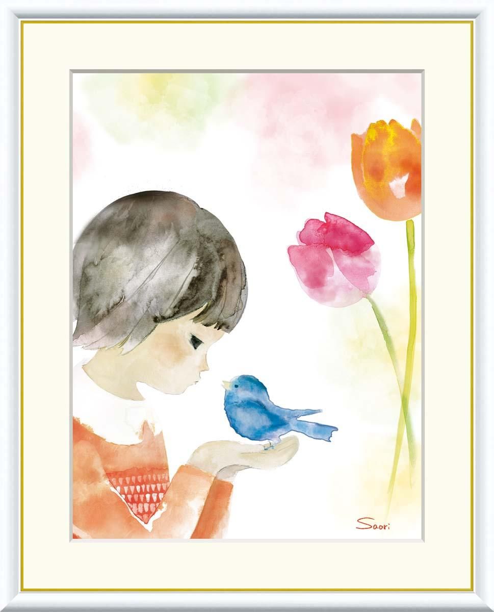 10年保証 絵画 版画 青い鳥とチューリップ 榎本早織 手彩仕上 高精細巧芸画 F4 インテリア 額入り アート リビング プレゼント アートフレーム おしゃれ 飾る