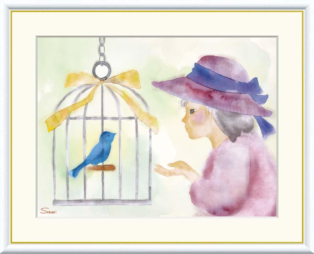 10年保証 絵画 版画 少女と青い鳥 榎本早織 手彩仕上 高精細巧芸画 F6 インテリア 額入り アート リビング プレゼント アートフレーム おしゃれ 飾る