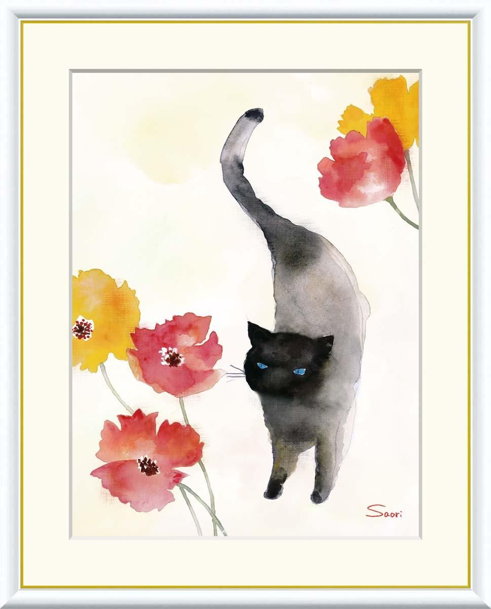 10年保証 絵画 版画 カーネーションと黒猫 榎本早織 手彩仕上 高精細巧芸画 F6 インテリア 額入り アート リビング プレゼント アートフレーム おしゃれ 飾る