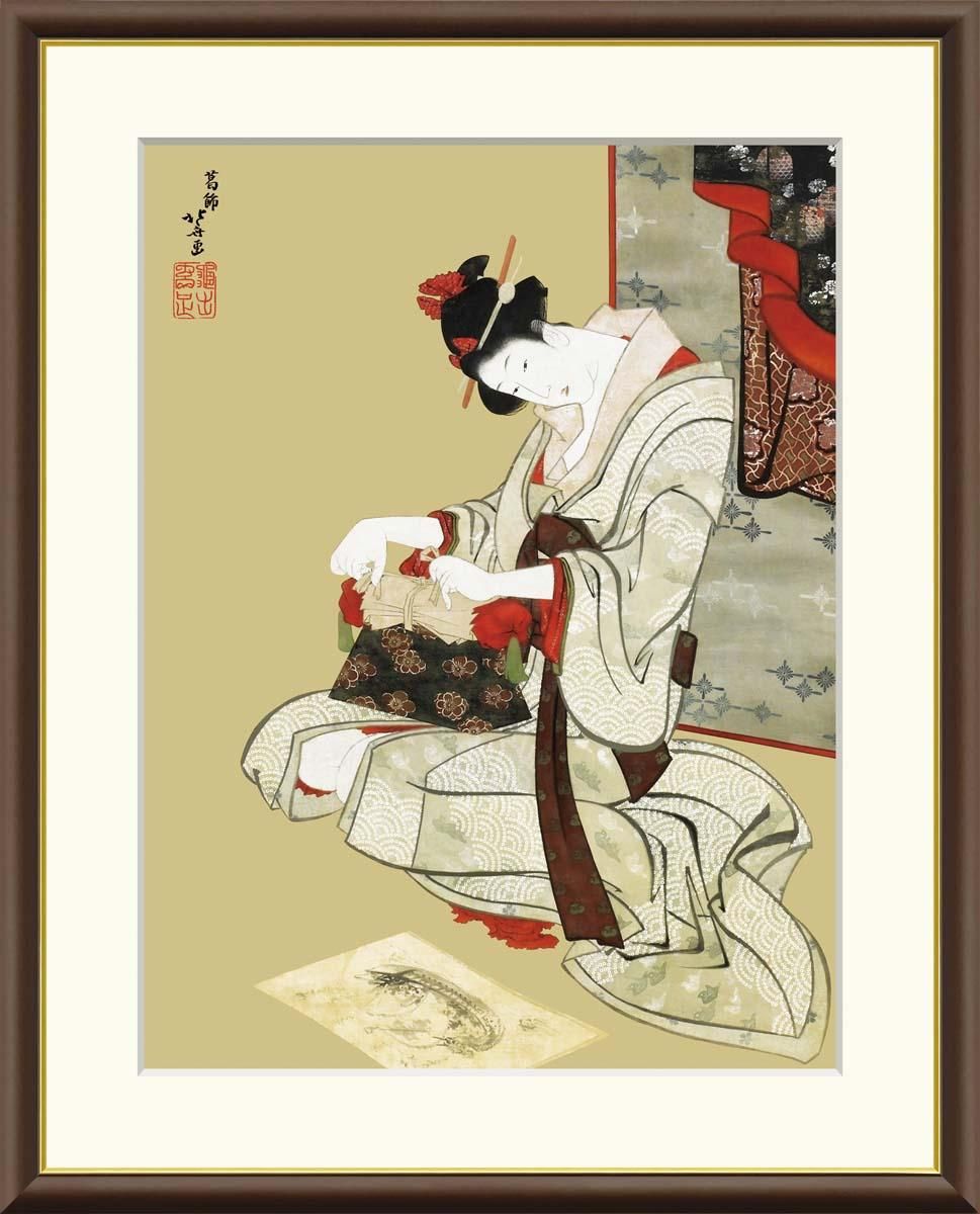 10年保証 絵画 版画 新年風俗図:朝化粧 葛飾北斎 手彩仕上 高精細巧芸画 F6 インテリア 額入り アート リビング プレゼント アートフレーム おしゃれ 飾る