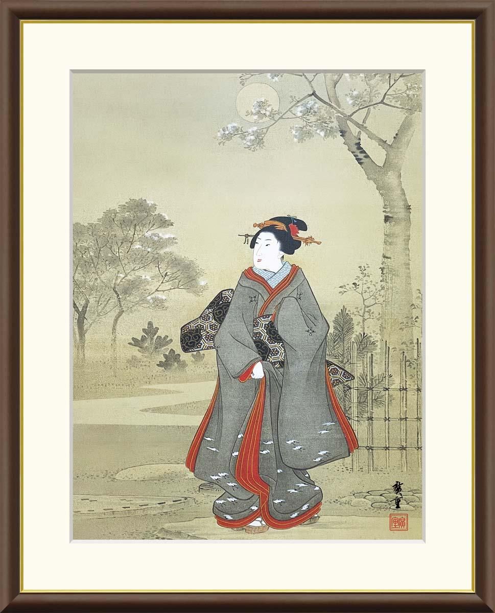 10年保証 絵画 版画 月夜観桜美人図 歌川広重 手彩仕上 高精細巧芸画 F8 インテリア 額入り アート リビング プレゼント アートフレーム おしゃれ 飾る