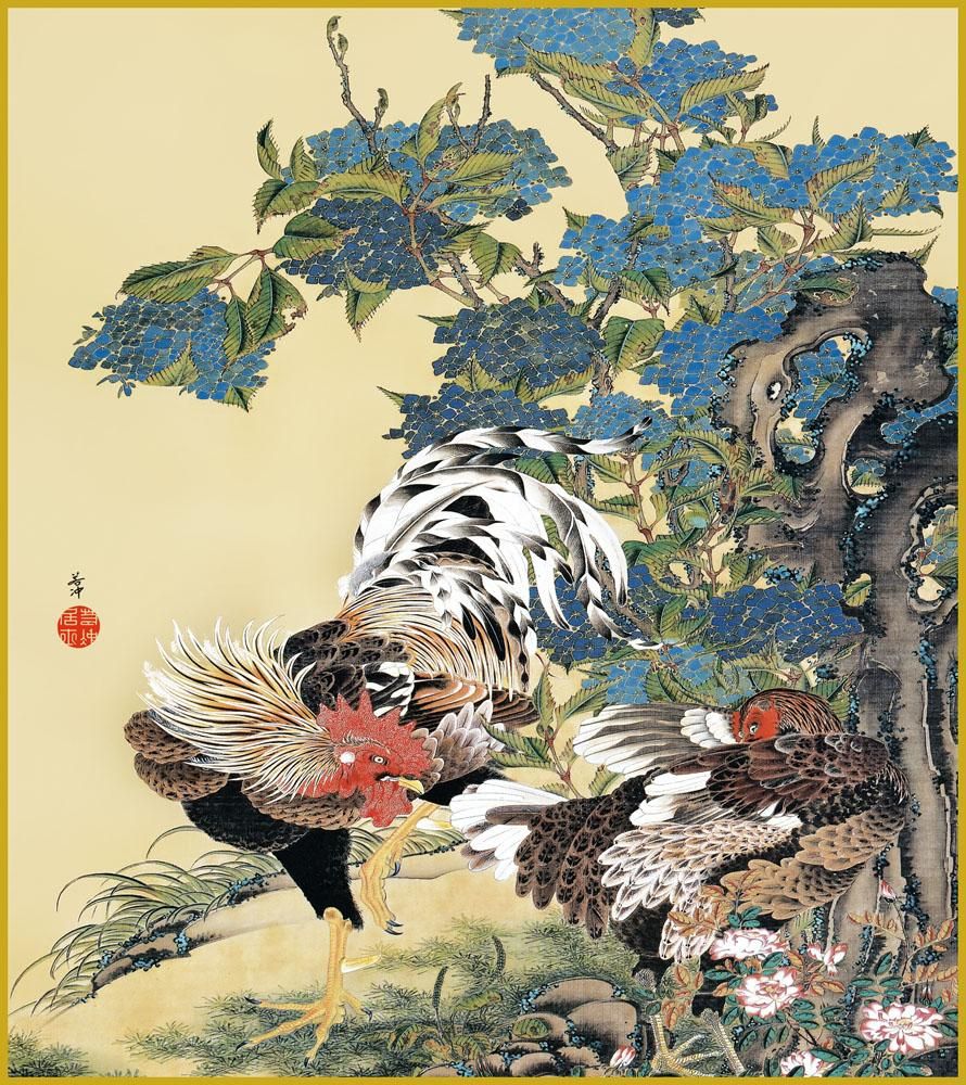 色紙 色紙掛けなし 色紙絵 和風 紫陽花双鶏図 伊藤若冲 モダン 掛軸 床の間 和室 おしゃれ 壁掛け 絵