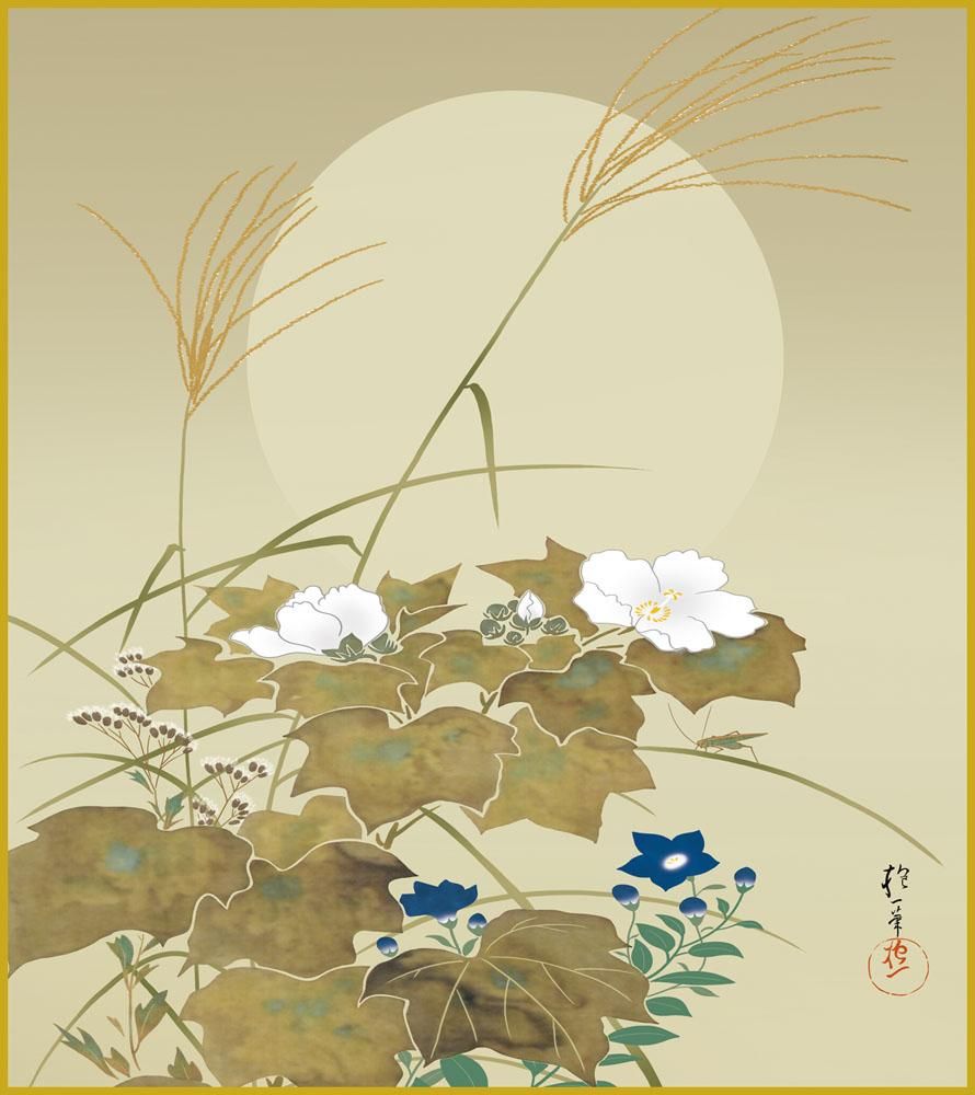 色紙 色紙掛けなし 色紙絵 和風 秋草に螽斯図 酒井抱一 モダン 掛軸 床の間 和室 おしゃれ 壁掛け 絵