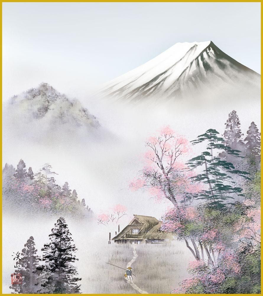色紙 色紙掛けなし 色紙絵 和風 富士春景 伊藤渓山 モダン 掛軸 床の間 和室 おしゃれ 壁掛け 絵