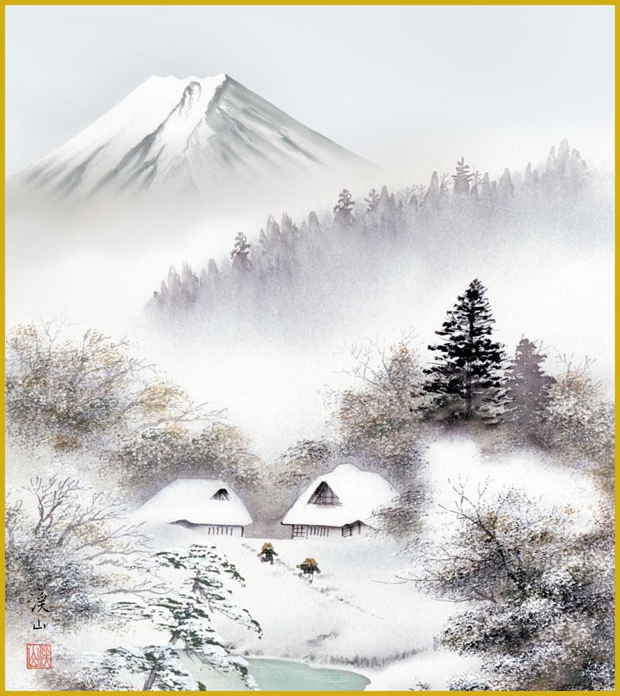 色紙 色紙掛けなし 色紙絵 和風 富士冬景 伊藤渓山 モダン 掛軸 床の間 和室 おしゃれ 壁掛け 絵