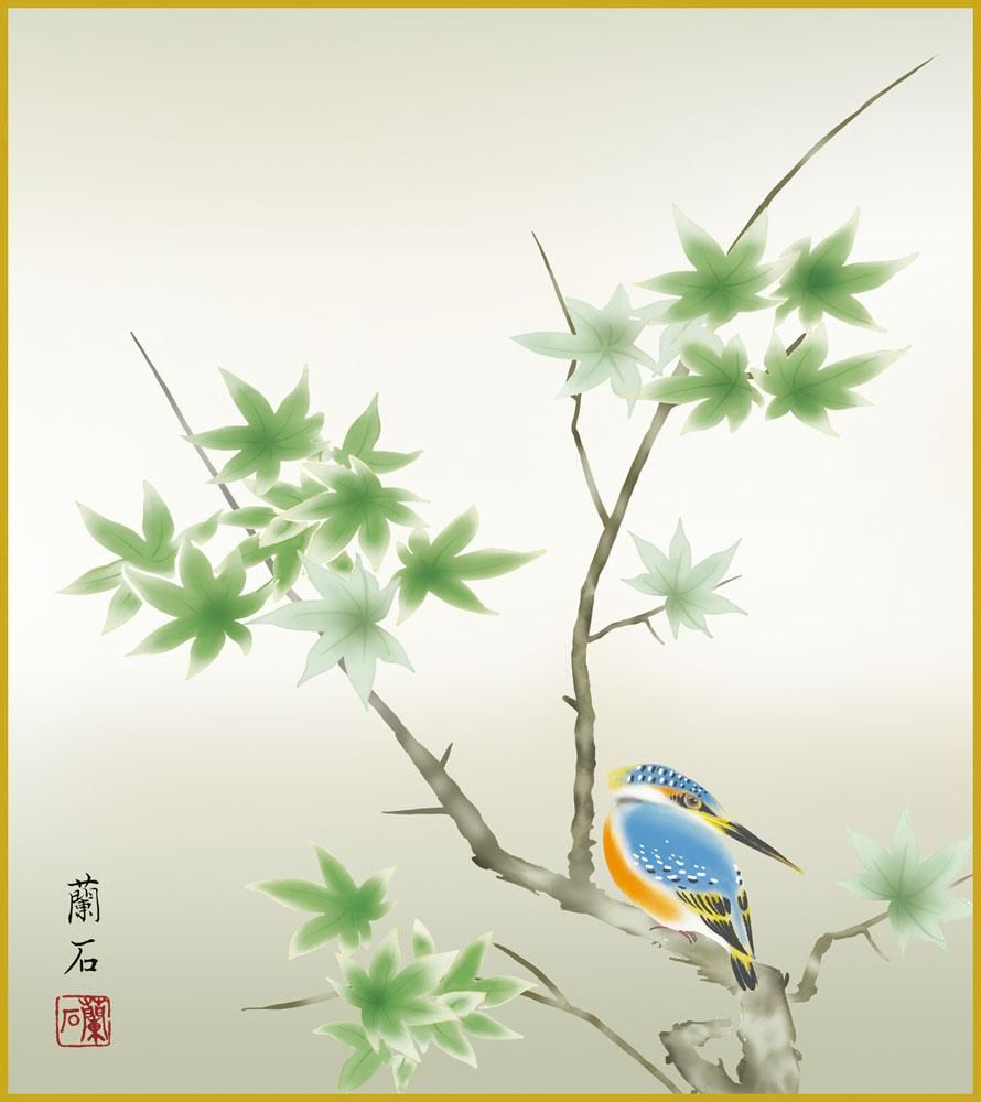 色紙 色紙掛けなし 色紙絵 和風 楓に翡翠 モダン 掛軸 床の間 和室 おしゃれ 壁掛け 絵