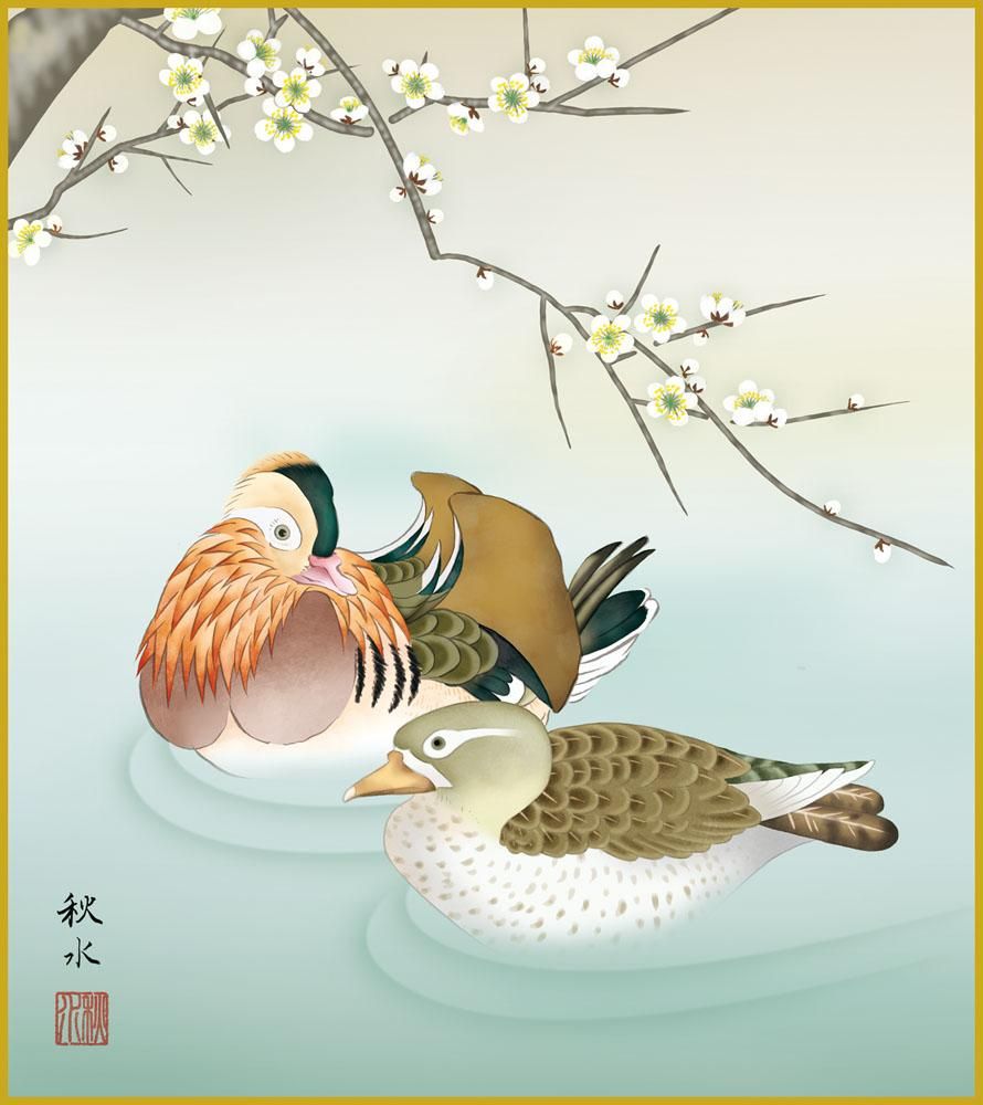 色紙 色紙掛けなし 色紙絵 和風 鴛鴦 モダン 掛軸 床の間 和室 おしゃれ 壁掛け 絵