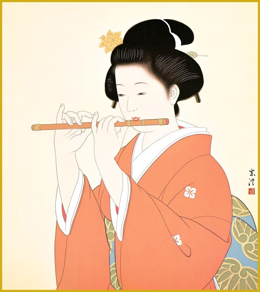 色紙 色紙掛けなし 色紙絵 和風 笛を吹く娘 モダン 掛軸 床の間 和室 おしゃれ 壁掛け 絵