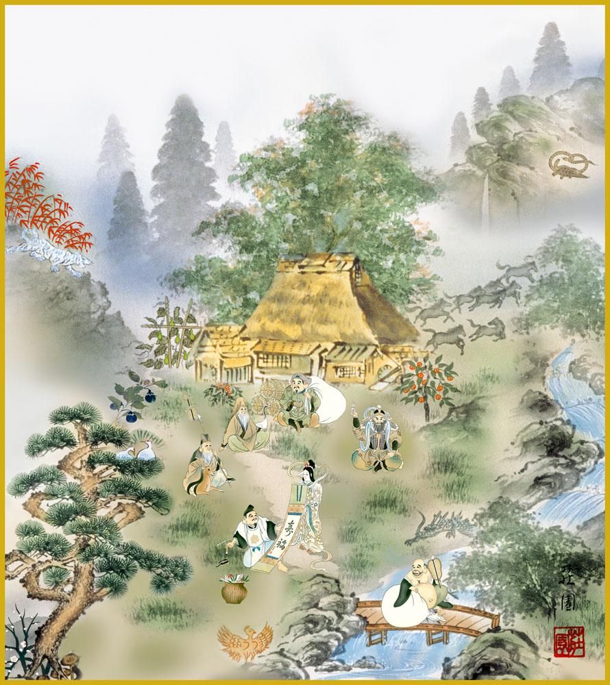 色紙 色紙掛けなし 色紙絵 和風 四神山水図 モダン 掛軸 床の間 和室 おしゃれ 壁掛け 絵