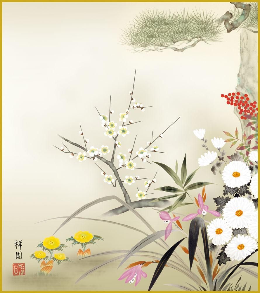 色紙 色紙掛けなし 色紙絵 和風 吉祥四君子 モダン 掛軸 床の間 和室 おしゃれ 壁掛け 絵