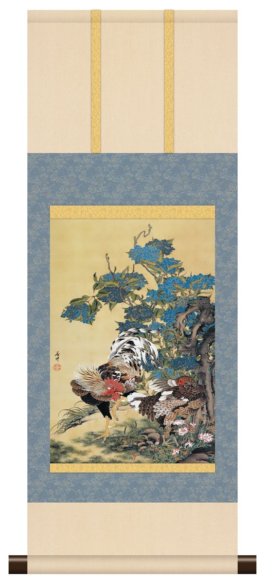 10年保証 掛け軸 ミニ掛け軸 和風 名画複製画 紫陽花双鶏図 伊藤若冲 モダン 掛軸 床の間 和室 おしゃれ 壁掛け 絵 - 絵画 や壁掛け販売｜日本唯一の風景専門店(R)あゆわら