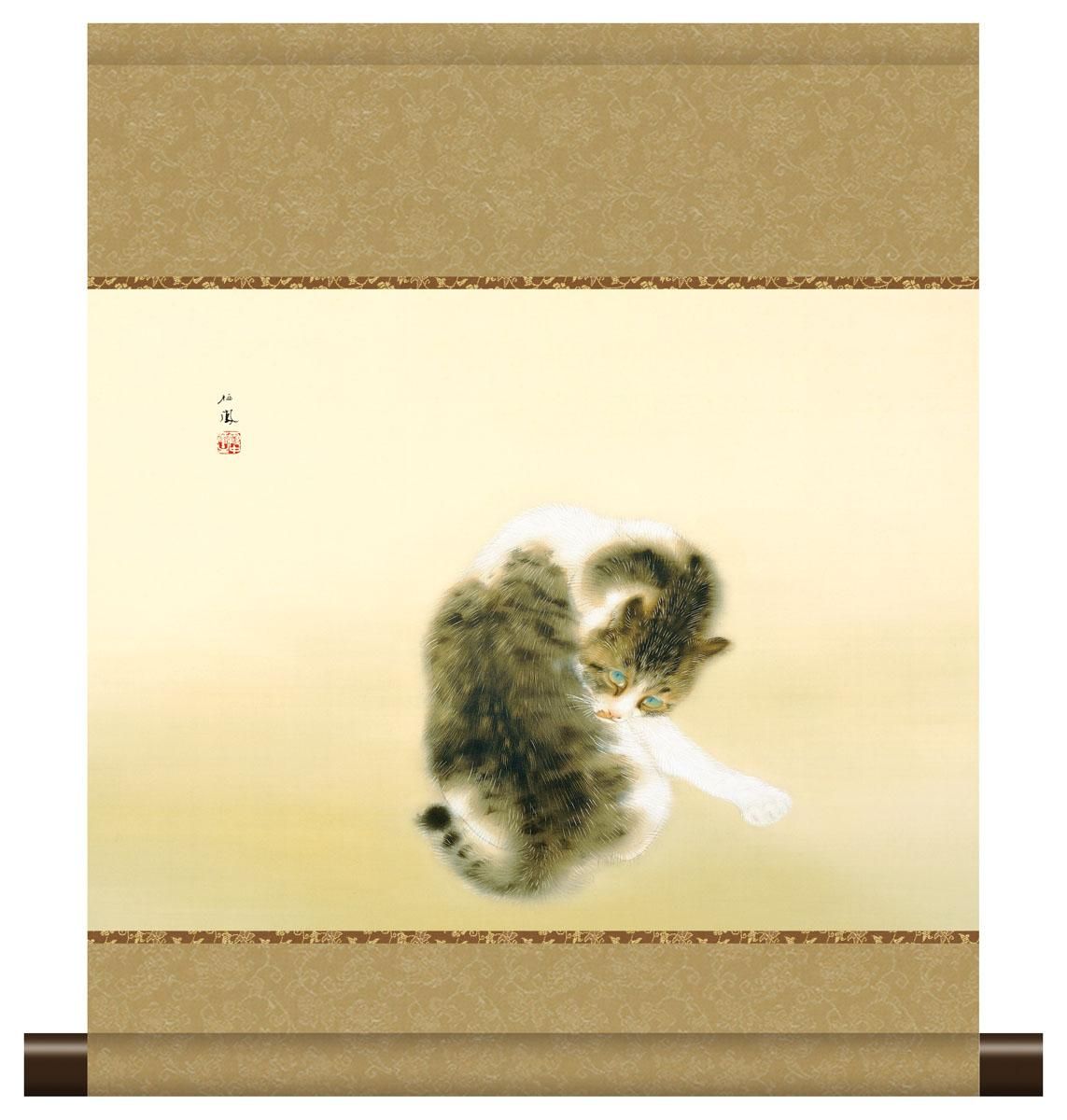 10年保証 掛け軸 ミニ掛け軸 和風 名画複製画 班猫 竹内栖鳳 モダン 掛軸 床の間 和室 おしゃれ 壁掛け 絵