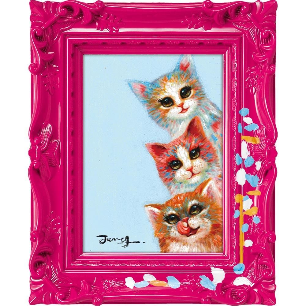 絵画 オイル ペイント アート 〜ペンキ デコフレーム シリーズ〜「ハピネス スリー キャット」