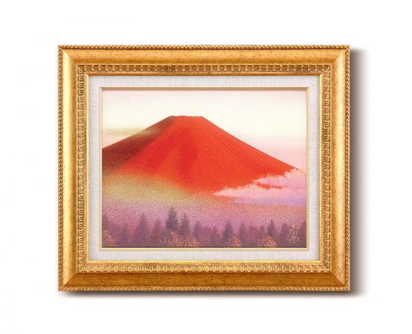 《手描き油絵》徳田春邦油絵額Ｆ6金 「赤富士」