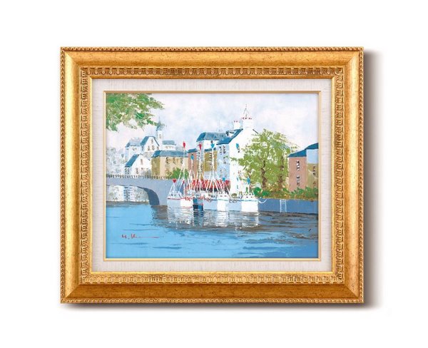 手描き油絵》黒沢 久油絵額Ｆ６金 運河の風景   絵画や壁掛け販売