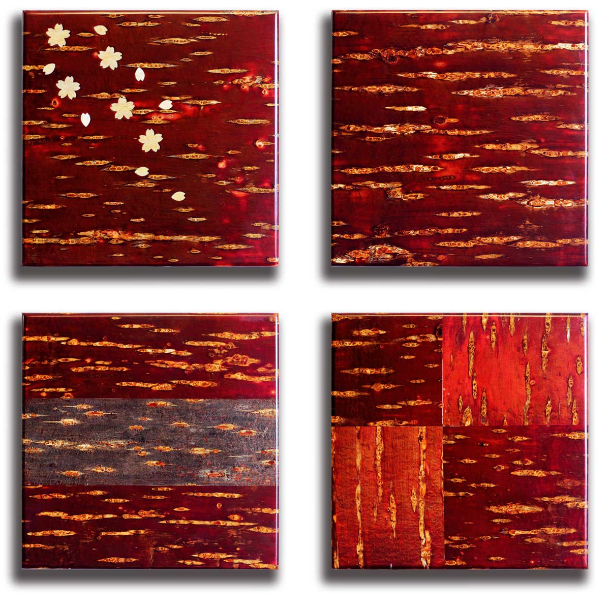 《壁掛け》桜皮細工（かばざいく）4枚セット（さくら、無地、貼りわけ、市松）樺細工