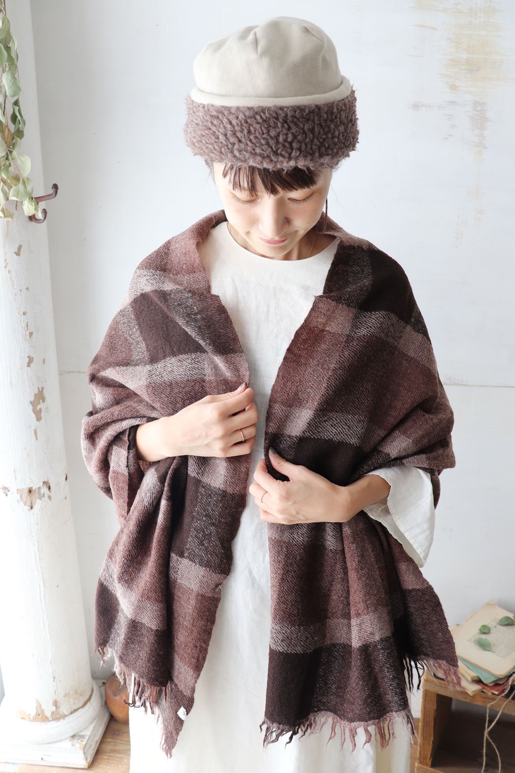 ◇SALE40％◇BOILED WOOL BIG CHECK STOLE（soil）