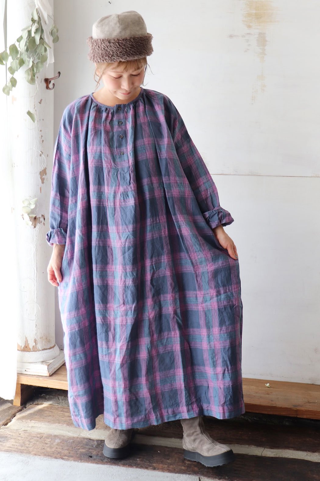 LINEN CHECK DRESS（ichi Antiquite's）