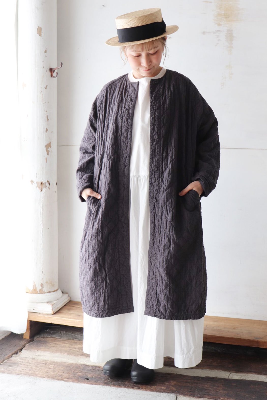 QUILTED ORGANIC COTTON BIG CHECK (OVERDYE) RAGLAN COAT（maison de 