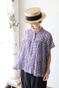 FANCY GINGHAM CHECK BANDED COLLAR GATHERED SHIRTsoil