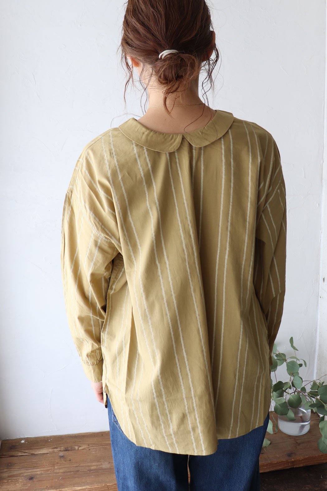 60'S COTTON STRIPE BLOCK PRINT BACK OPENING ROUND COLLAR SHIRT（maison de  soil）