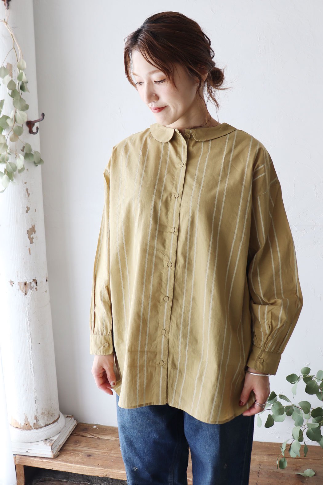 60'S COTTON STRIPE BLOCK PRINT BACK OPENING ROUND COLLAR SHIRT（maison de  soil）