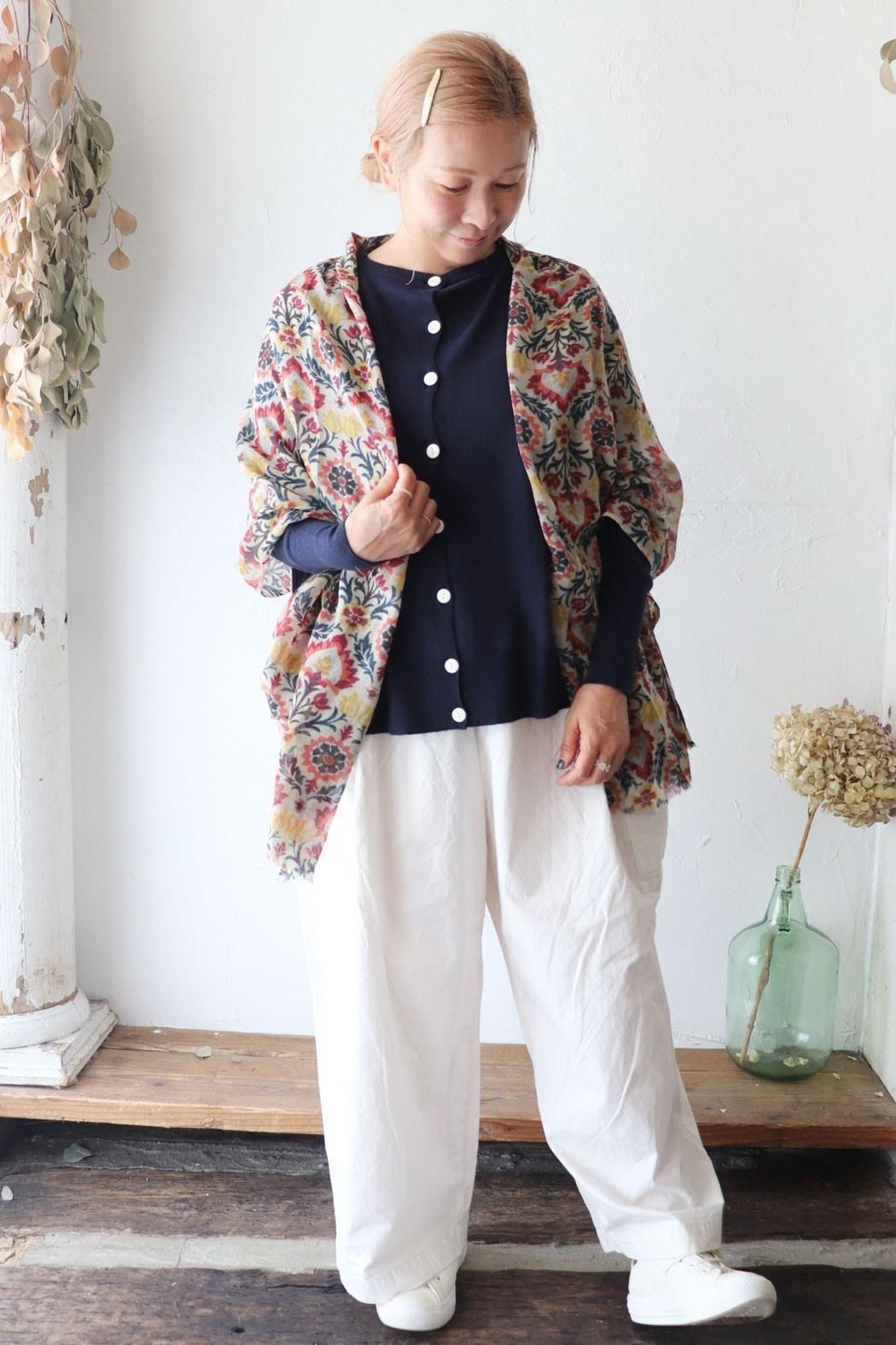 【maison de soil 】フラワーリーフプリント大判ストールショール SOIL｜ソイル】 WOOL FLOWER PRINT STOLE｜落ち着いた配色×花柄