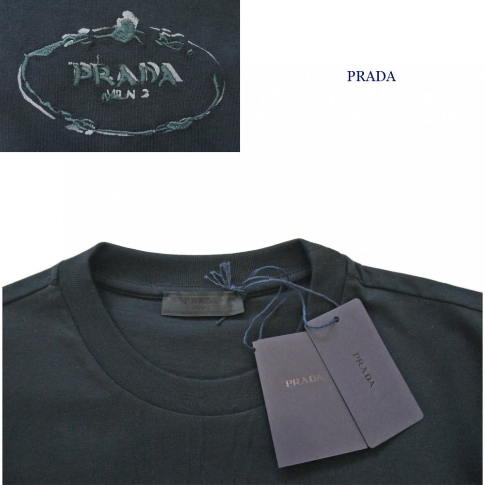 プラダ メンズ 刺繍ロゴ クルーネックTシャツ 黒 #M #L #XL #XXL PRADA