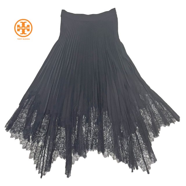 トリーバーチ　レースアシンメトリー　プリーツロングスカート(Lace-Trim Sunburst Pleated Skirt)　黒　#XS　TORY  BURCH - インポートセレクトショップ『It Girl's