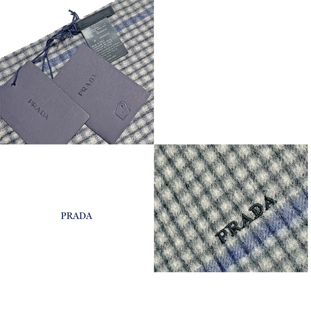 プラダ　メンズ　カシミア100％　フリンジマフラー　グレー チェック柄　PRADA - インポートセレクトショップ『It Girl's  collection』　プラダ・ミュウミュウなどハイブランド品やインポートファッションアイテムの格安通販サイト