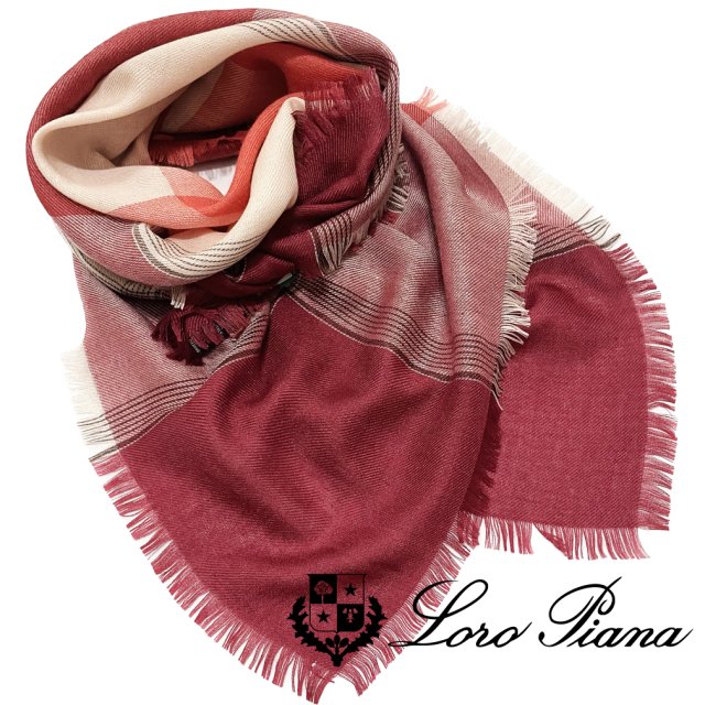 新品ロロピアーナLoro Pianaカシミア×絹ブロックチェック スカーフ赤
