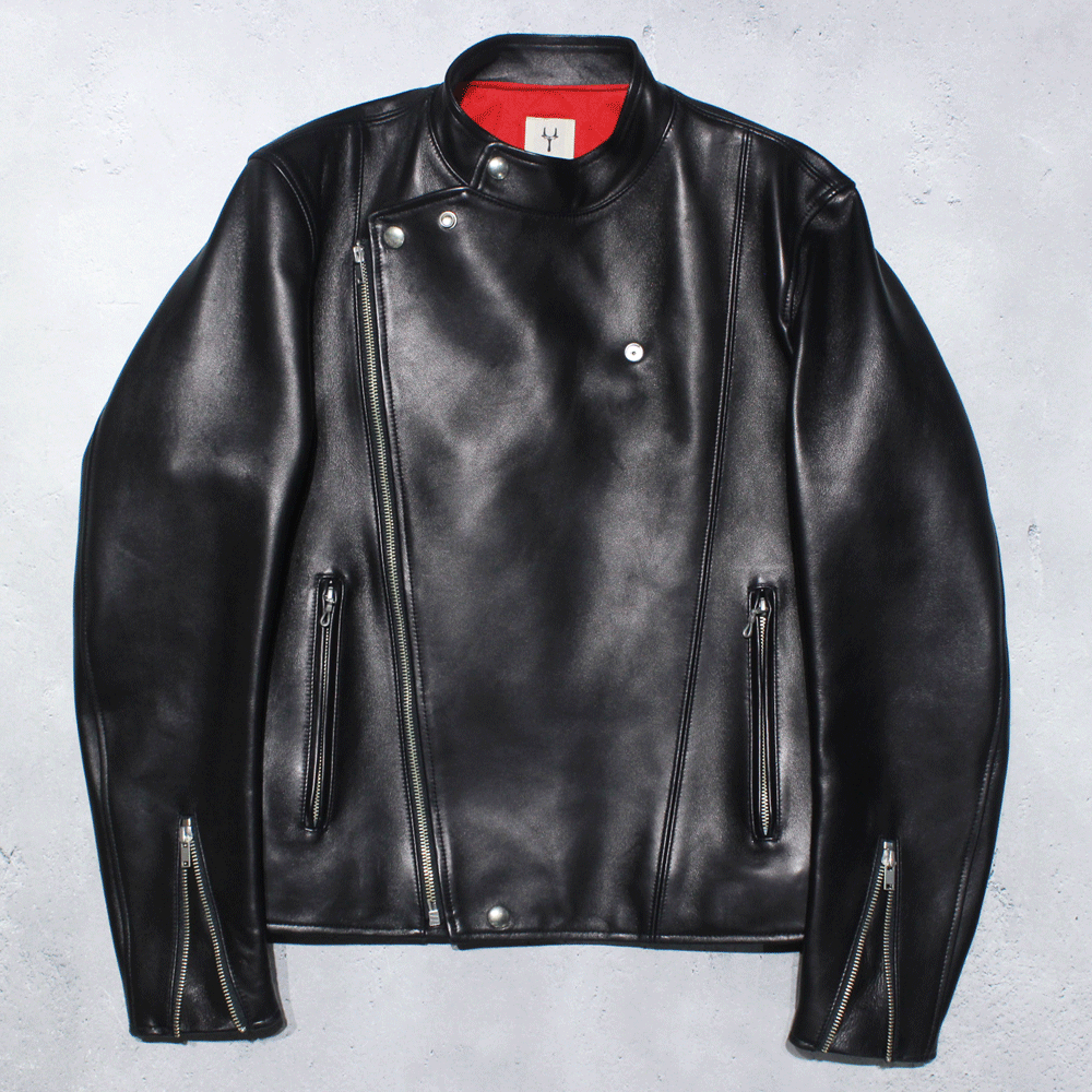 ScyeLamb Skin Leather Biker Jacket(Black)