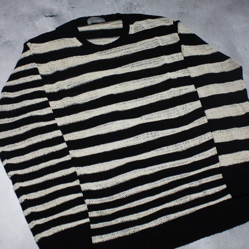 【Yohji Yamamoto POUR HOMME】5G1P DEFORMED BORDER ROUND NECK LONG SLEEVE(Off  White) | 光沢と清涼感が特徴の丸首ニット - Original＆Select shop RARE OF THE LOOP