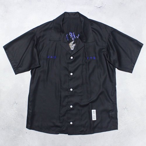 sulvam  KOZABUROOPEN COLLAR EMBROIDERY SHORT SLEEVE SHIRT(Black)