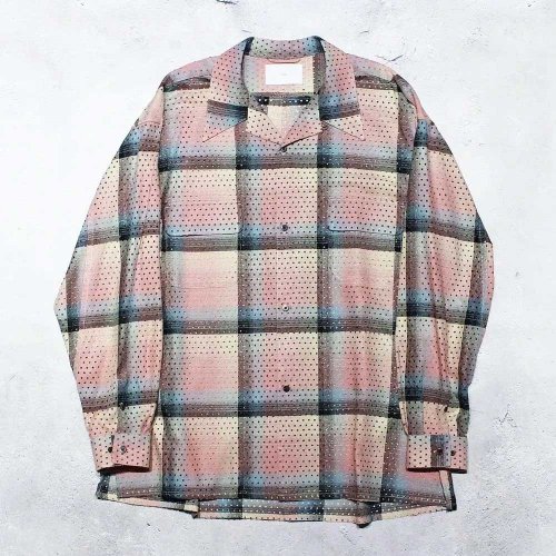 SUGARHILLPUNCHING RAYON OMBLE PLAID OPEN COLLAR BLOUSE(PINK OMBRE)