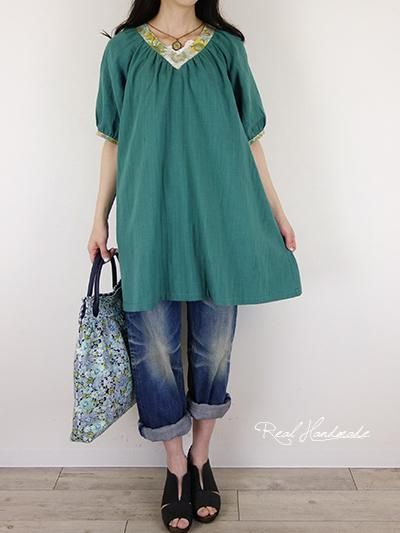 予約販売] スラブWガーゼシーグリーンリバティ襟Vチュニック