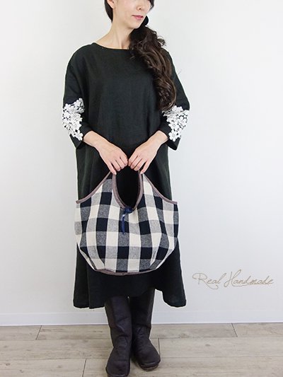 予約販売]コットンリネンブロックチェックバルーンBAG - REAL HANDMADE -リアルハンドメイド-  心を込めて手作りした素敵なお洋服をあなたへ。。