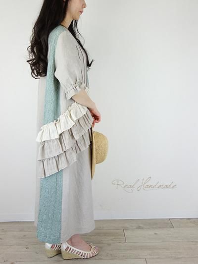 no812フリルタックワンピース レースくすみピンク ピンタック