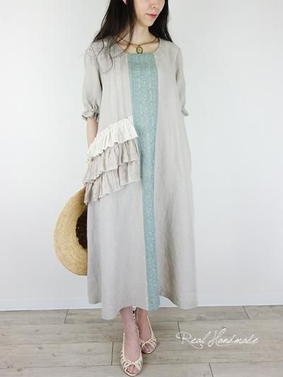 no812フリルタックワンピース レースくすみピンク　ピンタック　コットンリネン no812フリルタックワンピース レースくすみピンク ピンタック