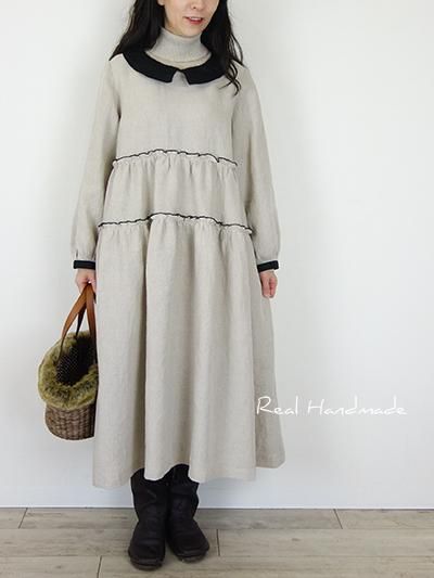 no773フリル黒リボンヨークギャザーワンピース リネンコットン 生成り